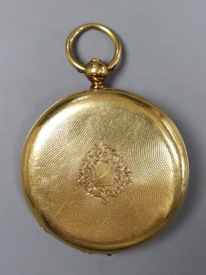 A continental engine turned 18k yellow metal open face keywind pocket watch, with Roman dial, diameter 46mm, gross 58.4 grams.